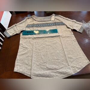 LOFT Light Gray Knit Top with Blue and Navy Embroidery